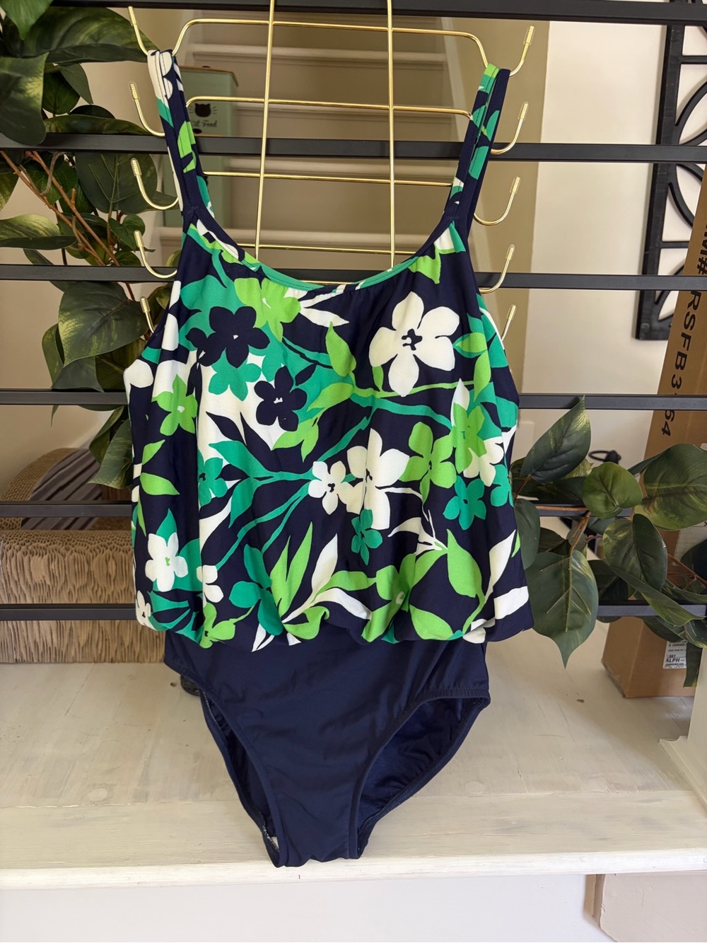 Navy Green Floral Blouson One Piece Swimsuit Approx Size 8